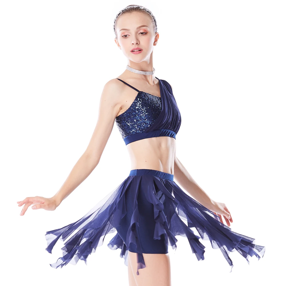 MiDee One Shoulder Sequins Top Soft Mesh Spiral Skirt Cheerful Lyrical Contemporary Dance Costume 2 Pieces