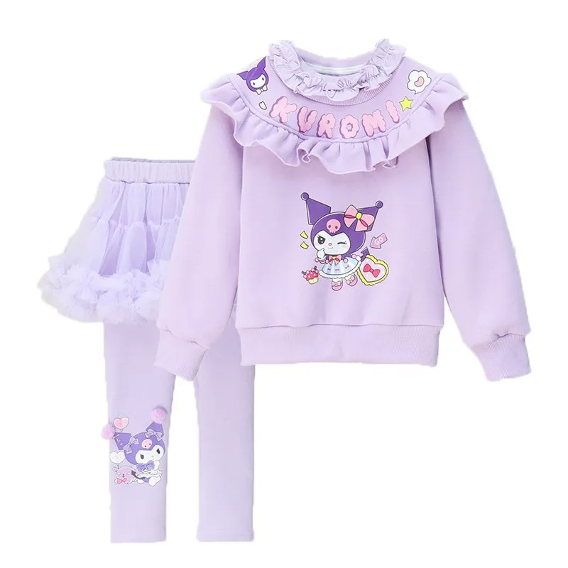 Sweet Kawaii Kuromi Anime Sanrio Ins Long Sleeve Shirt Pants Set Cute Cartoon My Melody Fleece Hooded Clothing Gifts for Kids