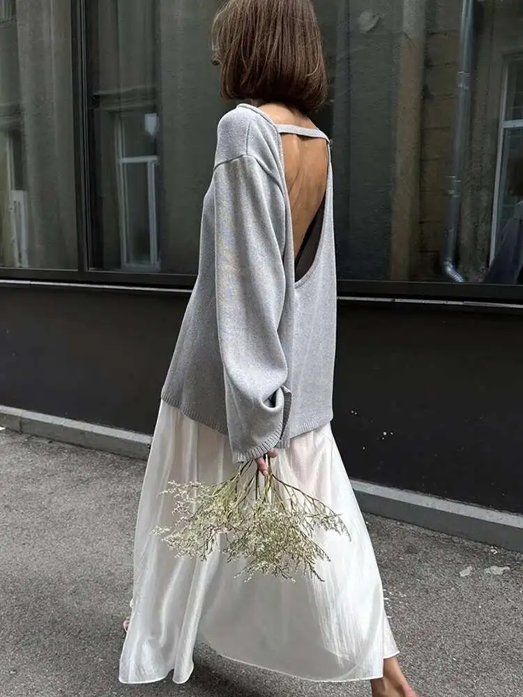 Damski sweter z dzianiny bawełnianej 100%, jesienny, bez pleców, luźny, modny, zimowy, casualowy, do noszenia na co dzień.