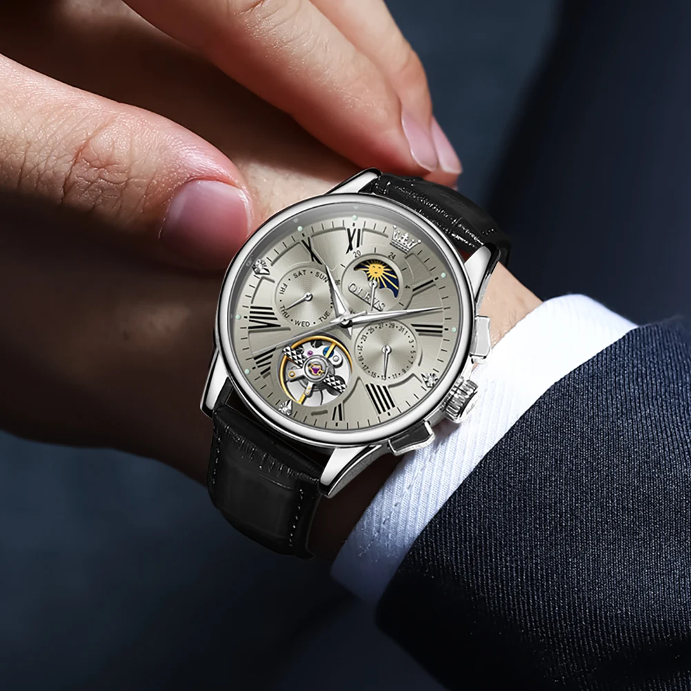 

OLEVS Роскошные автоматические механические часы для мужчин с кожаным ремешком, календарь недели, турбийон, мужские часы, полые мужские часы