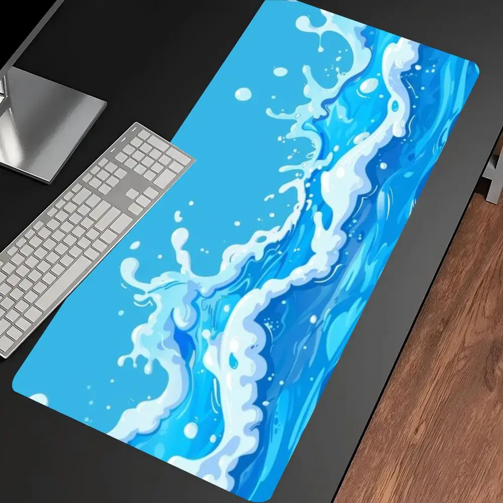 Blue Ocean Wave Extended Gaming Mouse Pad Non Slip Desk Surface Abstract Fluid Ripple Marine Style Art Print For Gaming Setup