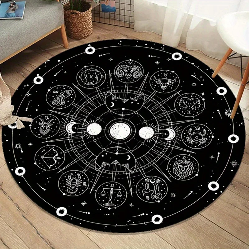 

1pc Mystical Moon Phases and Zodiac Constellations Round Rug - Soft Polyester Non-Slip Floor Mat for Living Room, Bedroom