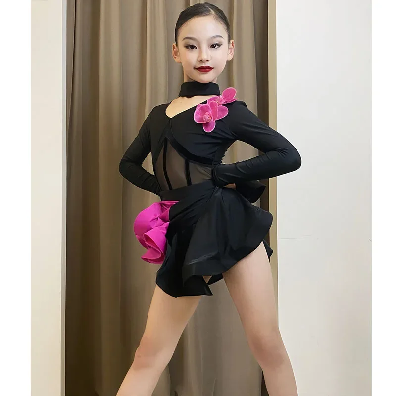 Vestido infantil de dança latina, pó preto, roupa profissional para treinamento de corpo separado, outono e inverno, novo, 2024