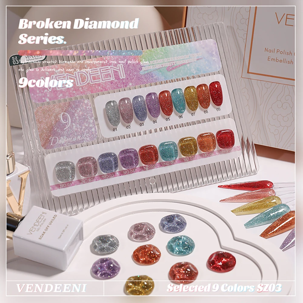 Vendeeni 9 Farben Transluzenter Diamant-Gel-Nagellack Glitzer UV LED Soak-Off Gel-Lack Flash Nail Art Gel-Lack 15ml – Detail 7