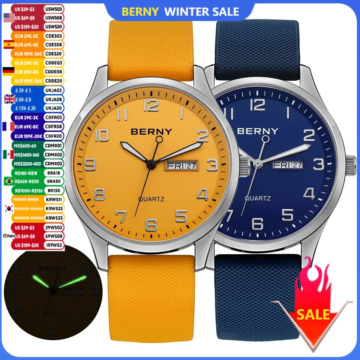BERNY Men\'s Watches Luminous Calendar Week Quartz Men Watch Casual Soft Silicone Strap Easy Read Big Dial Sports Wristwatch