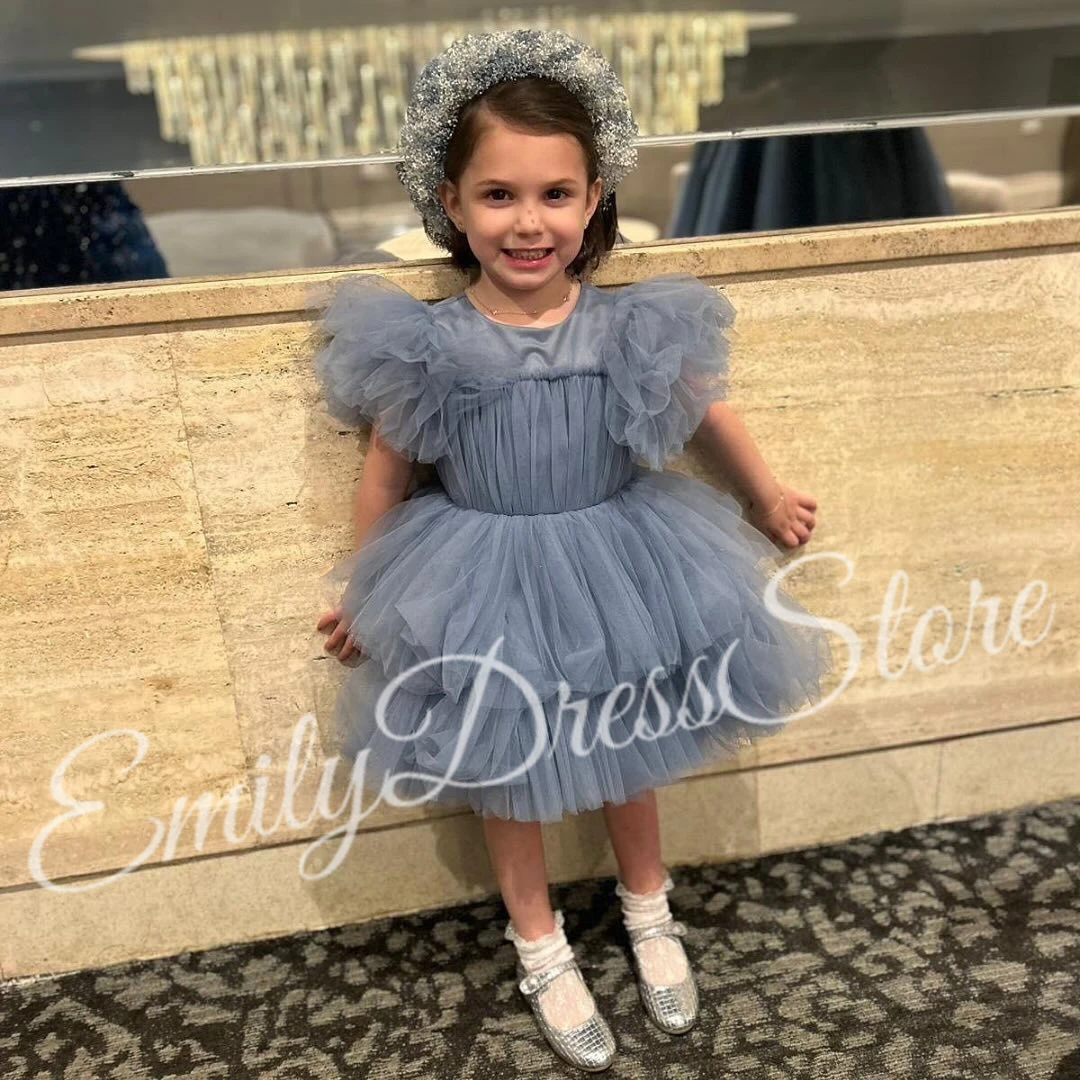 

Customized Blue Flower Girl Dress For Wedding Bridesmaid Tulle Tiered High Waist Knee Length Kids Birthday First Communion Gown