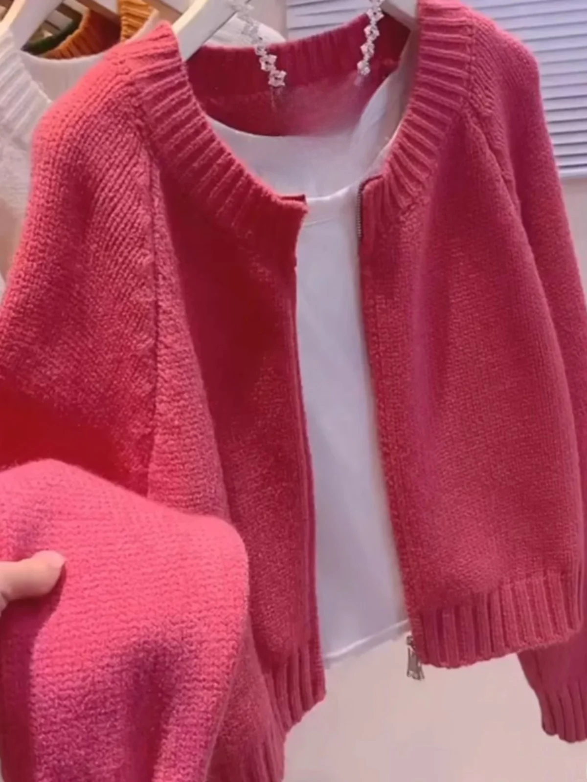 

Pink ort Knitted Sweater Coat Women's Autumn New Loose Lazy Outerwear Zipper Open Cardigan Korean Sle Commute Faion