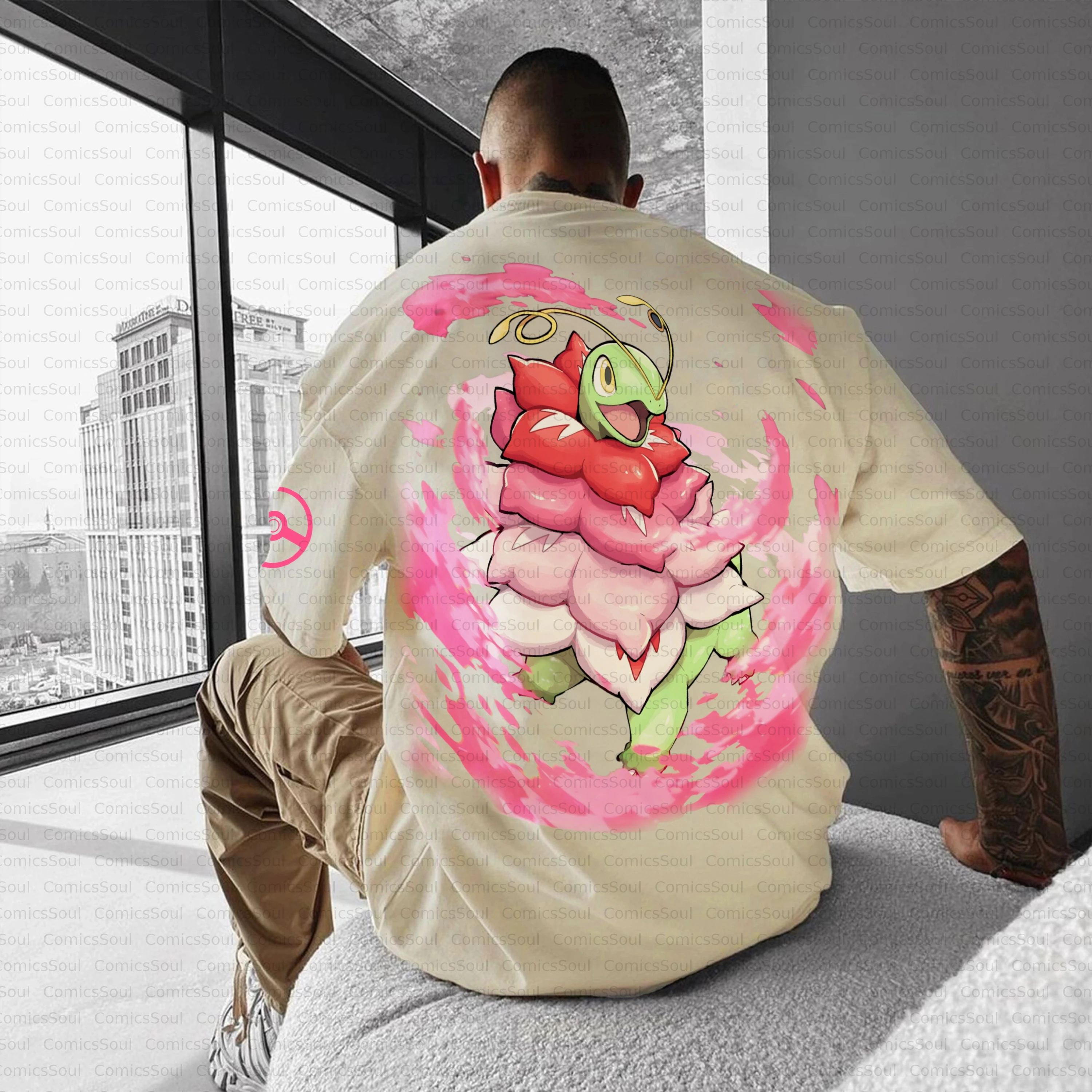 

Summer 2026 Pokemon Cotton T Shirt Roselia Back Print Green Red Flower And Splash Design Loose Fit Men Women Casual Anime