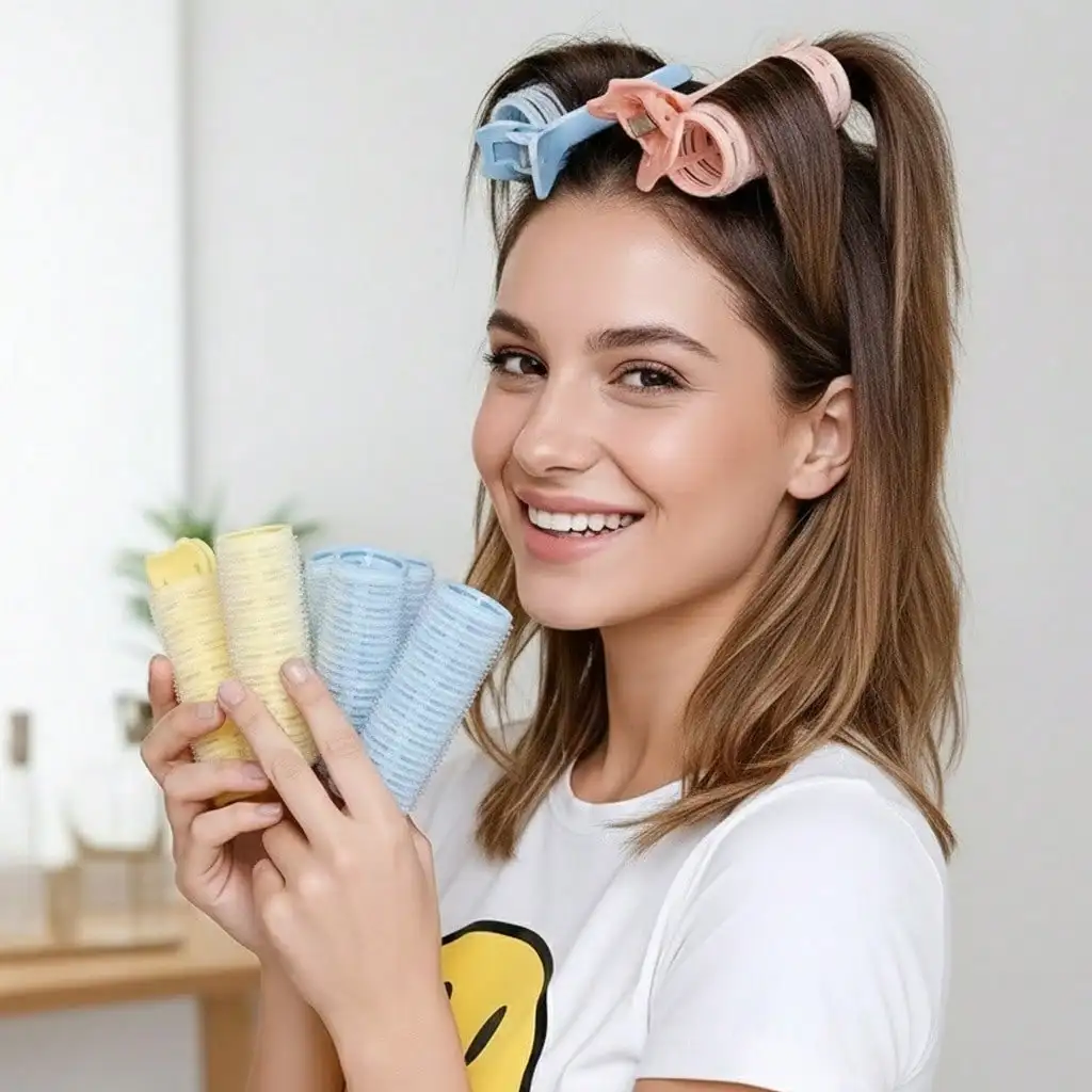 Get salon-quality curls now! A set of giant heat-free self-adhesive hair rollers for high-volume, lifted roots |   Damage-free overnight curling iron & bangs styling tool, available in random colors: pink, blue, yellow, suitable for long hair