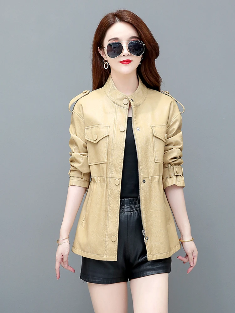 Vrouwen Schapenvacht Jassen 2025, Herfst Koreaanse Losse Elastische Taille Casual Vrouwelijke Lange Mouwen Slim-fit Split Lederen jassen