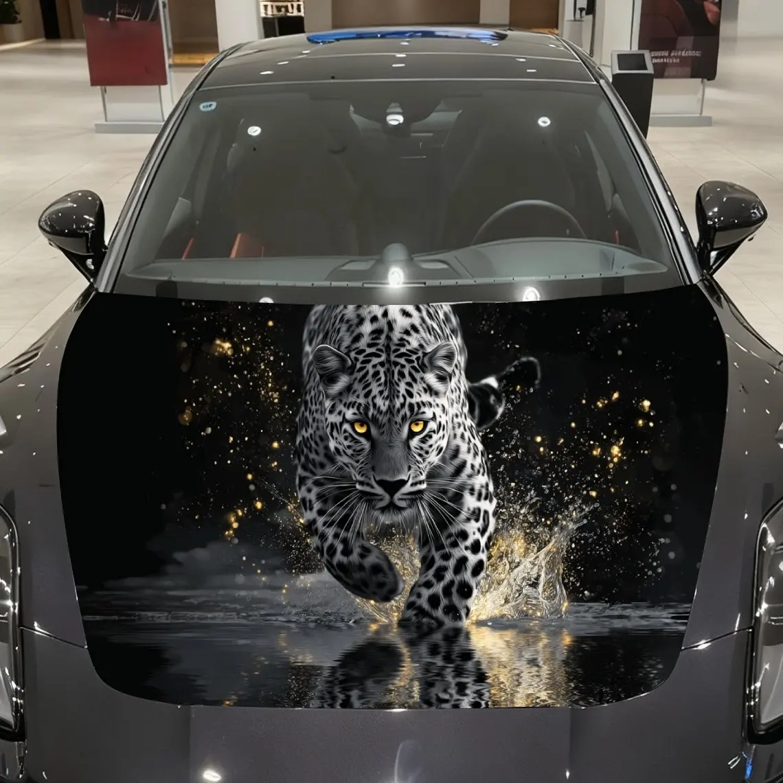 

Black Domain Golden - Eyed Leopard Car Vinyl Wrap, PVC Material Waterproof Car Hood Sticker, Self-Adhesive Scratch-Resistant Sti