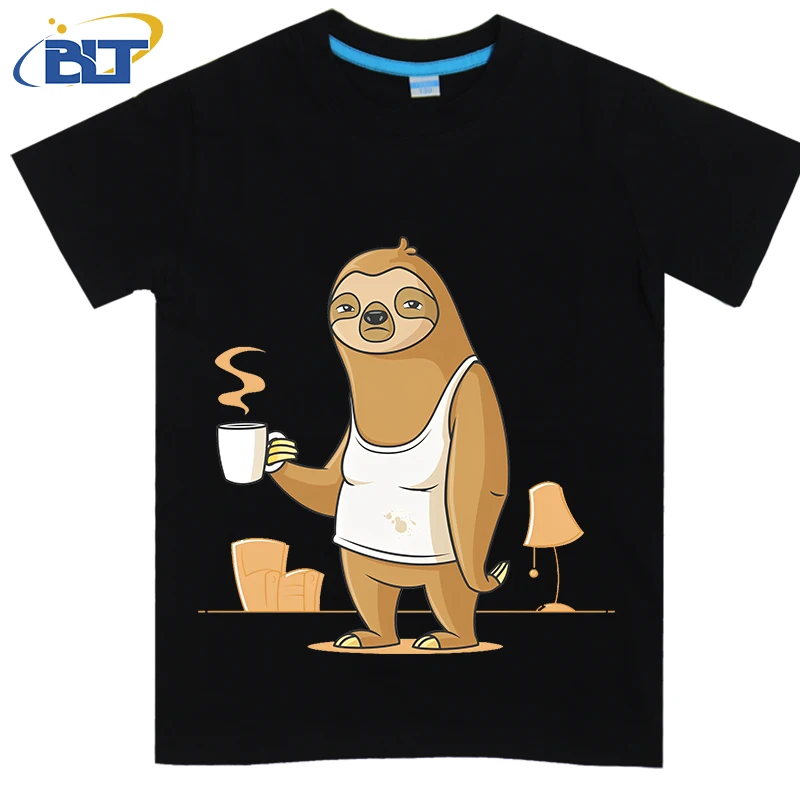 

Monday Morning Depresso sloth print kids T-shirt children's cotton short-sleeved casual tops for boys and girls