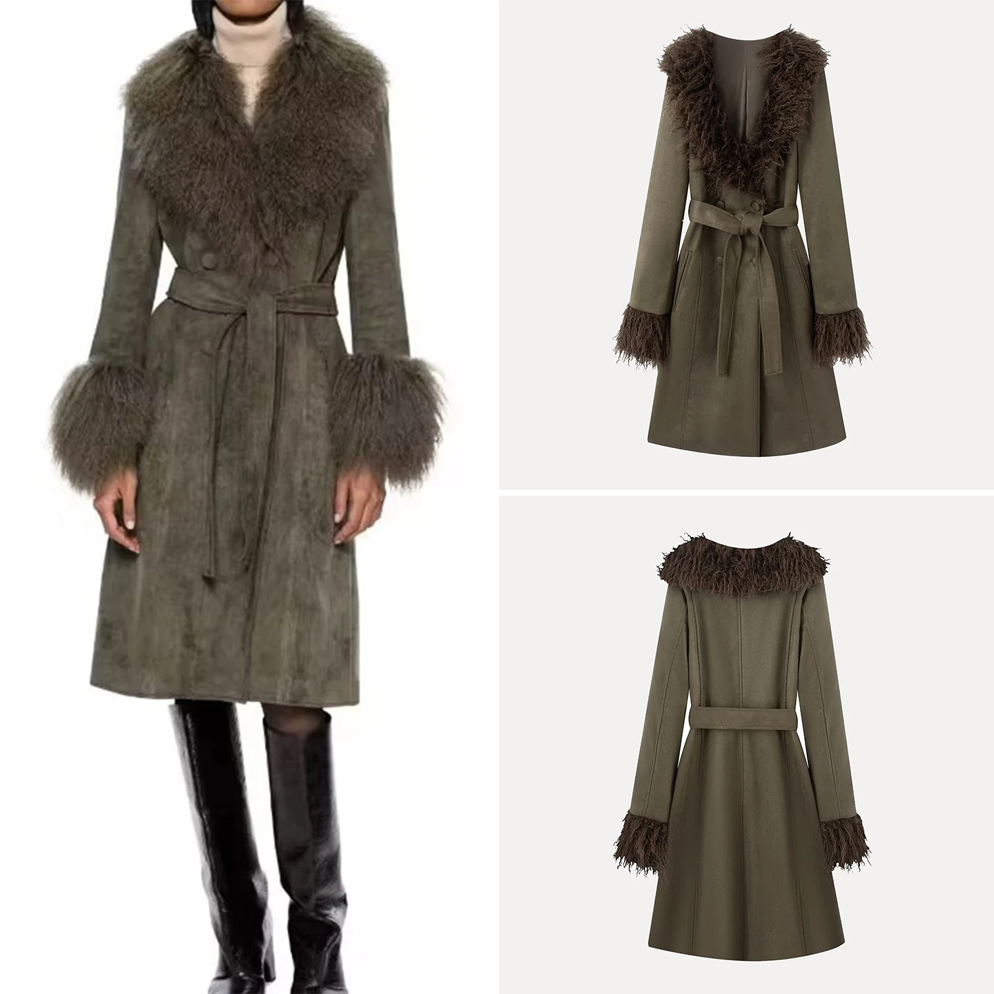 

Faionable Double-Breasted Faux Fur Collar Coat Youth Women's Long Sve Regular Length Winter New Arrival Z Brand