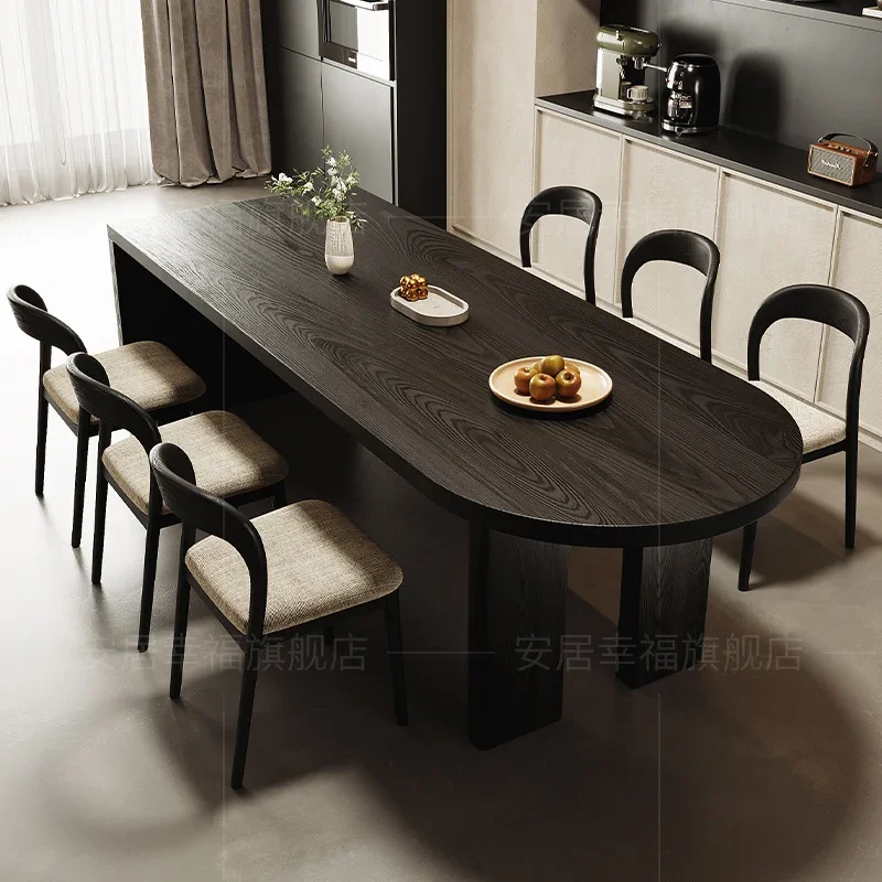 Retro solid wood black dining table French retro semi-circular arc household dining table Small apartment wabi-sandy wind work t