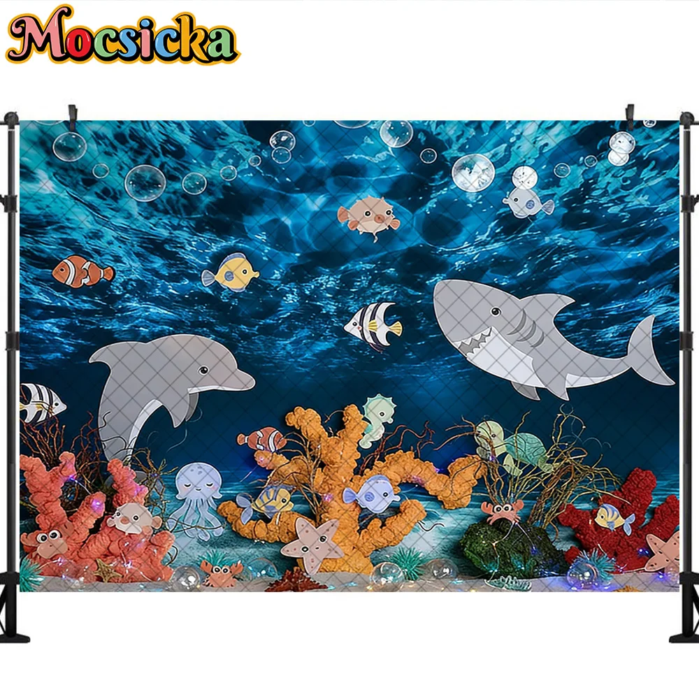 Mocsicka Photography Backdrop Cute Sharks Dolphins Underwater World Decoration Baby Shower Party Backgrounds For Photographs