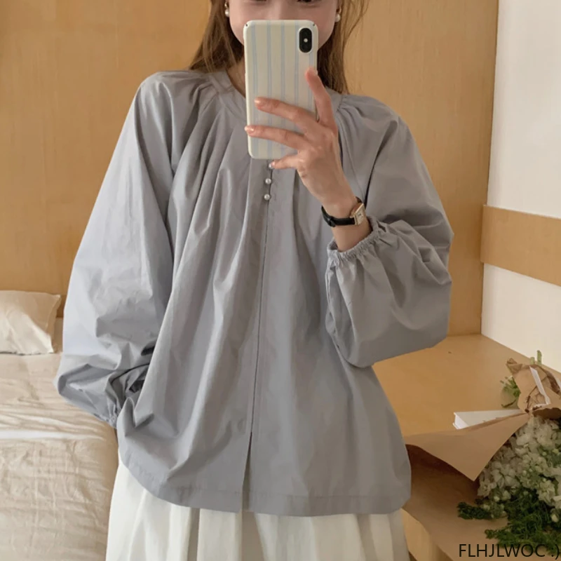 Loose Clothes Cotton Tops Blouses New Design Women Casual Solid Button Long Sleeve Girls Blue Shirts FLHJLWOC