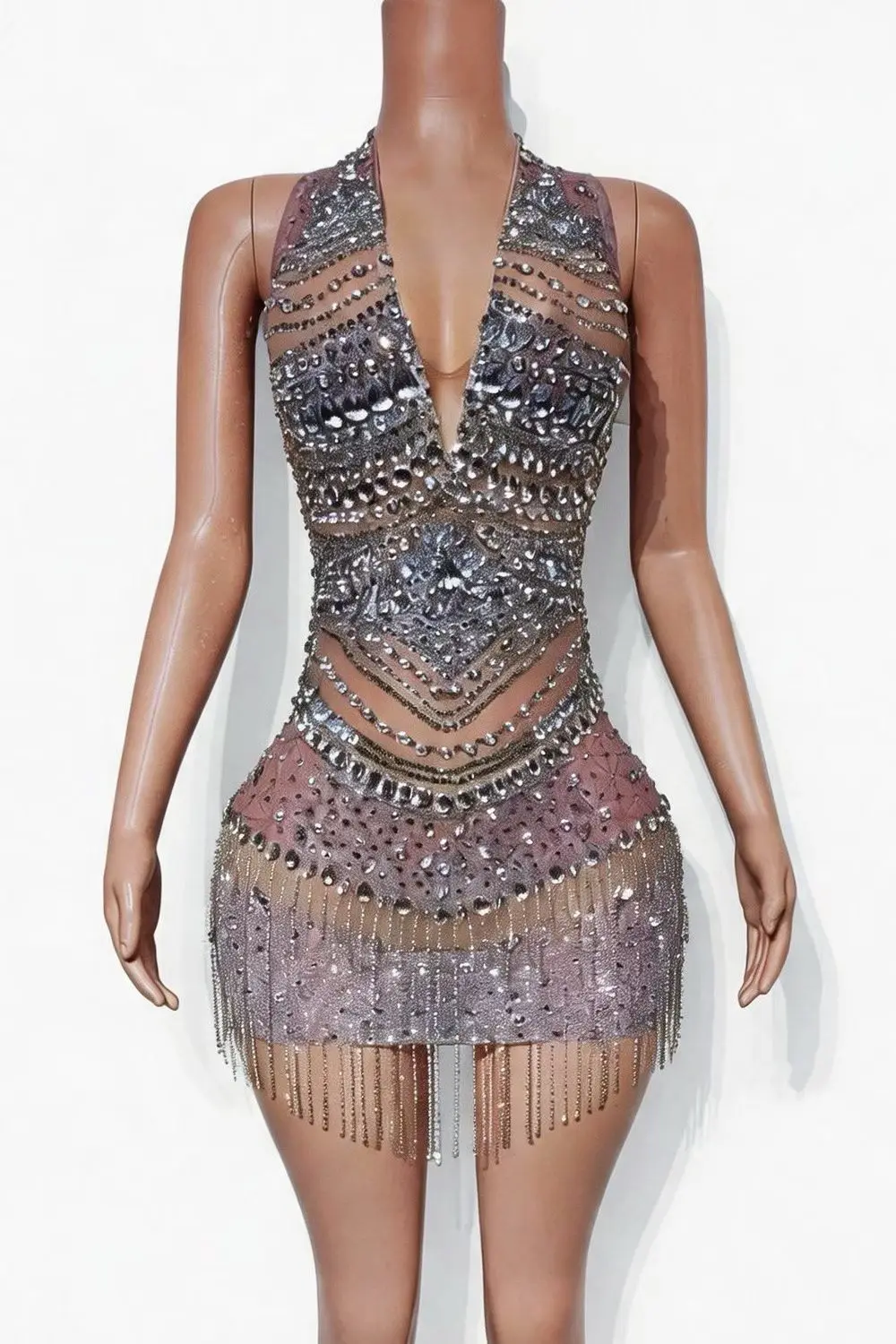 Jingyu Women Silver Pink Ombre Rhinestone Mini Dress Halter Deep V Neck Mesh Cutout Chain Tassel Fringe Nightclub Party Outfit