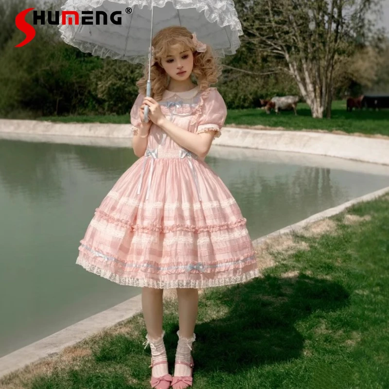 

Sweet Lolita Style Short Sleeve Dresses OP Summer New Girl's Cute Bow Doll Collar Puff Sleeve Short Dress Vestidos De Fiesta