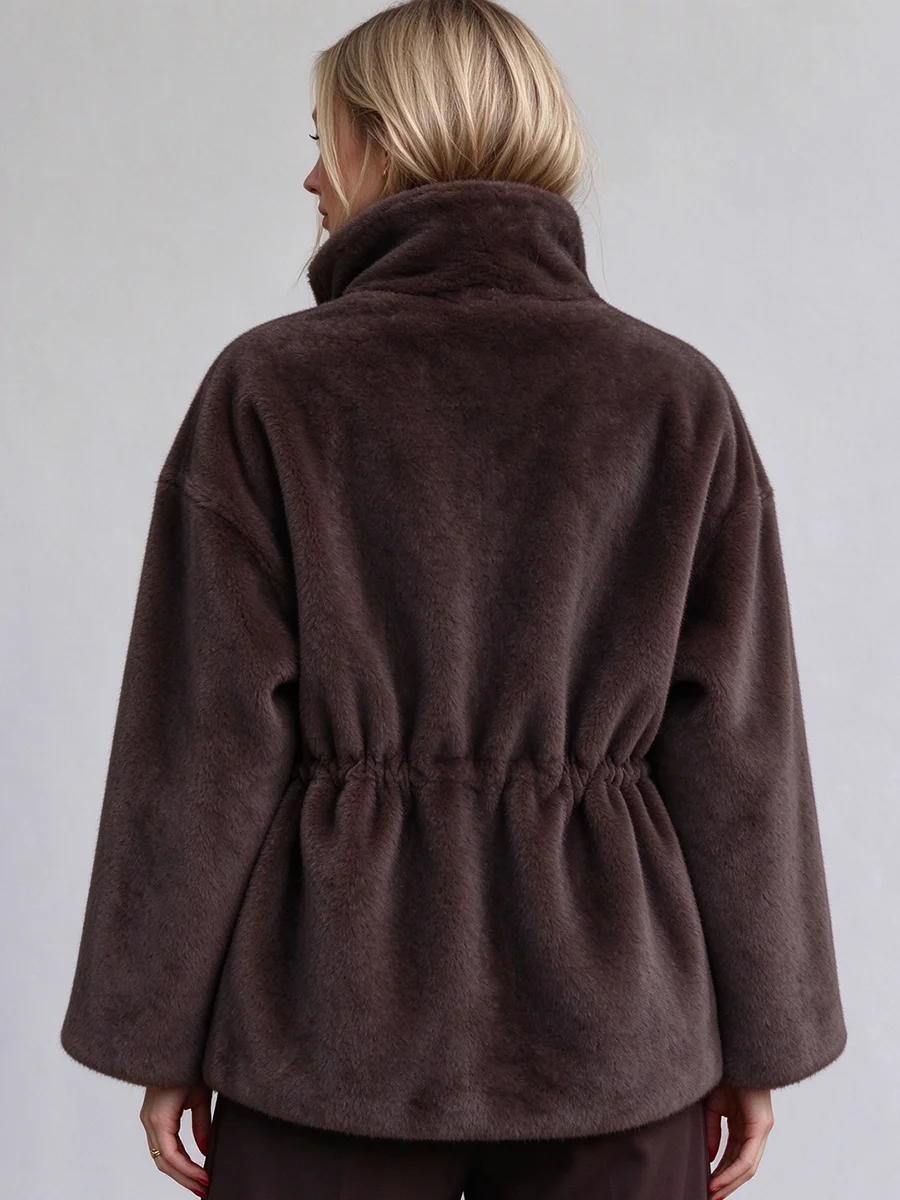 LIMO Women Faux Suede Shearling Jacket Drawstring Waist Zipper Warm Winter Faux Fur Lined Coat