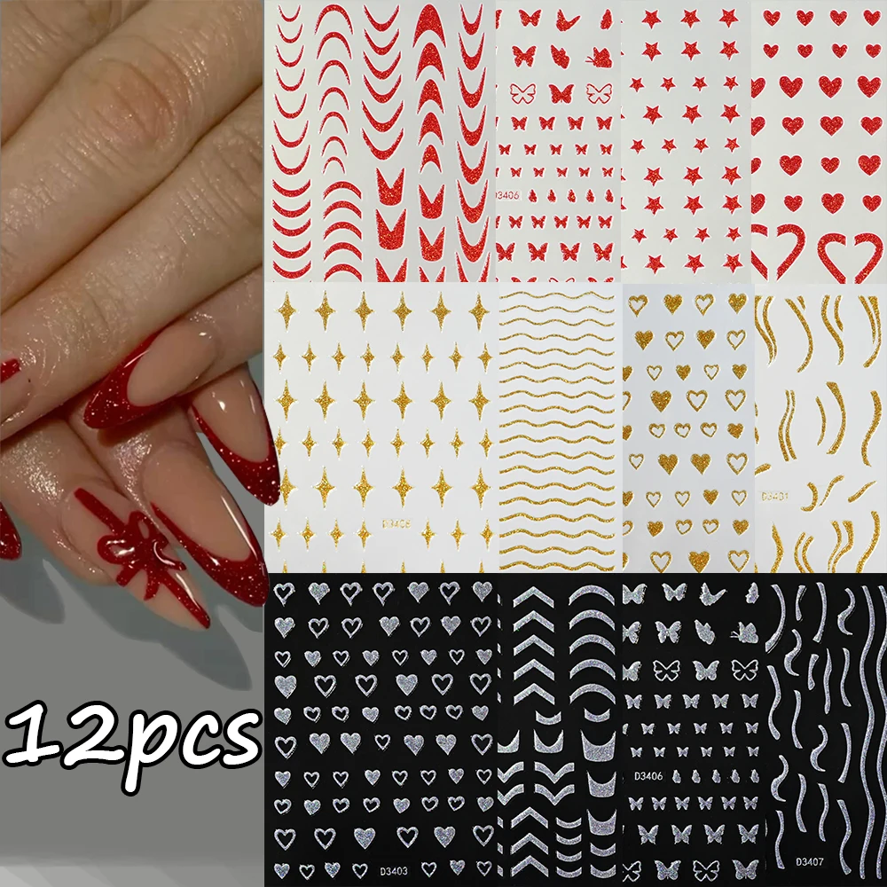 12pcs Gold/Silver/Red Glitter French Nail Sticker Love Butterfly Wavy Lines Shiny Nail Decals Sliders New Year Manicure Accessor