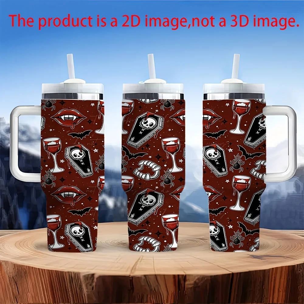 1ps Halloween And Christmas 40Oz Stainless Steel Tumbler with Handle And Straw Lid, Spooky Gothic Vampire Coffin Blood Wine Bat Printed Water Cup, for Home Office Travel Camping Outdoor Daily Drinking