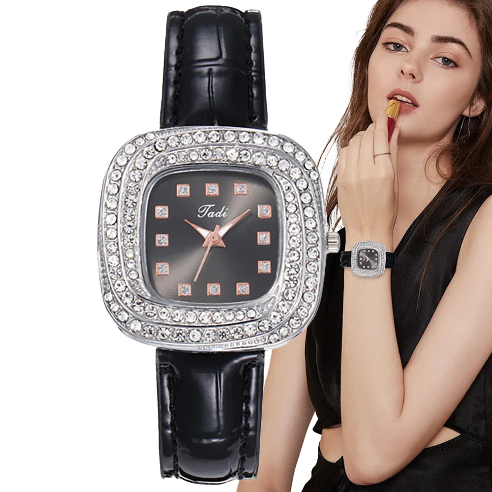 Luxury Ladies 2024 New Simple Full Star Diamonds Quartz Watch Fashion Dress Black Leather Women\'s Clock Watches