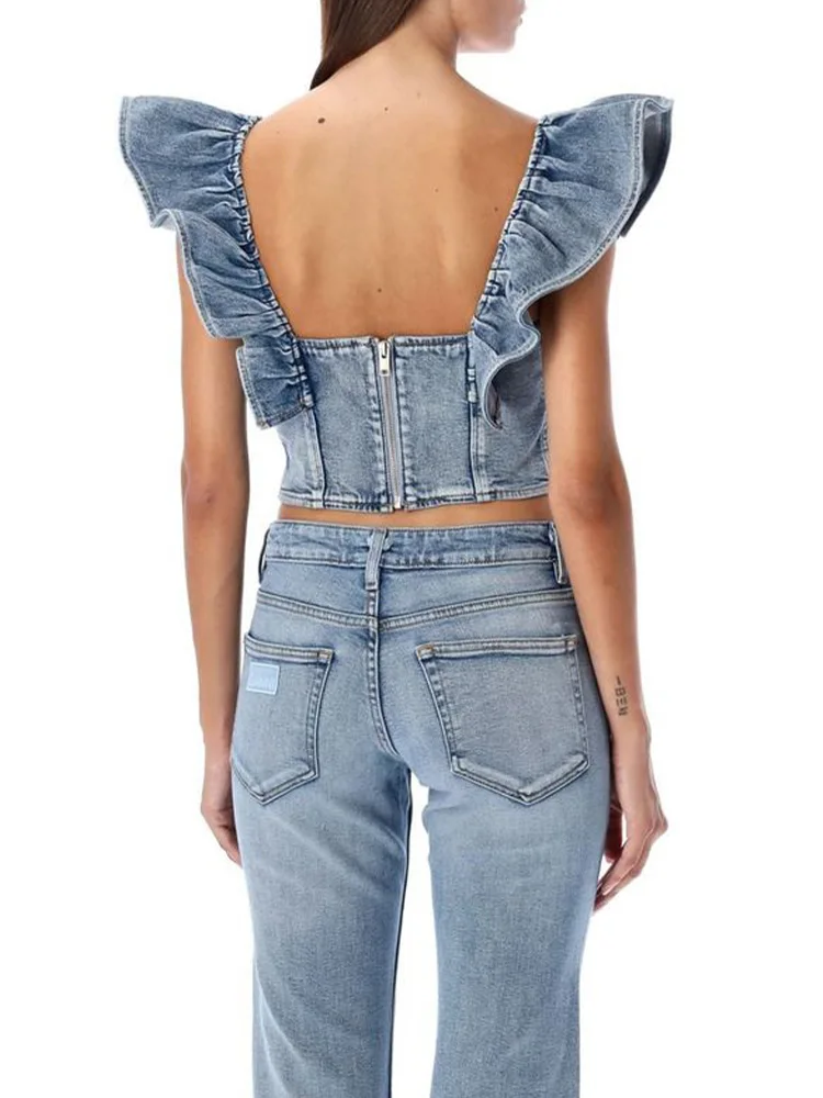 Slimming Chic Short Denim Jacket Ruffled Split Long Sleeves Mini Top Women Street Style U Neck Vest Retro Sweet Tees New Spring
