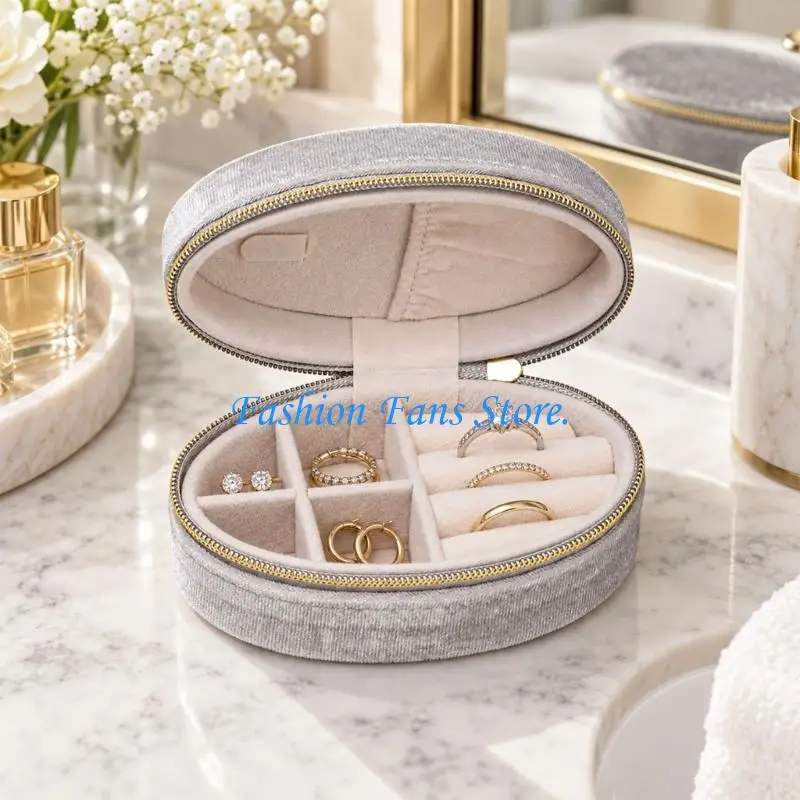  Oval Jewelry Storage Case with Fabric Cover, Interior Sections, Ring Rolls, and Zipper for Daily Storage and Travel Use
