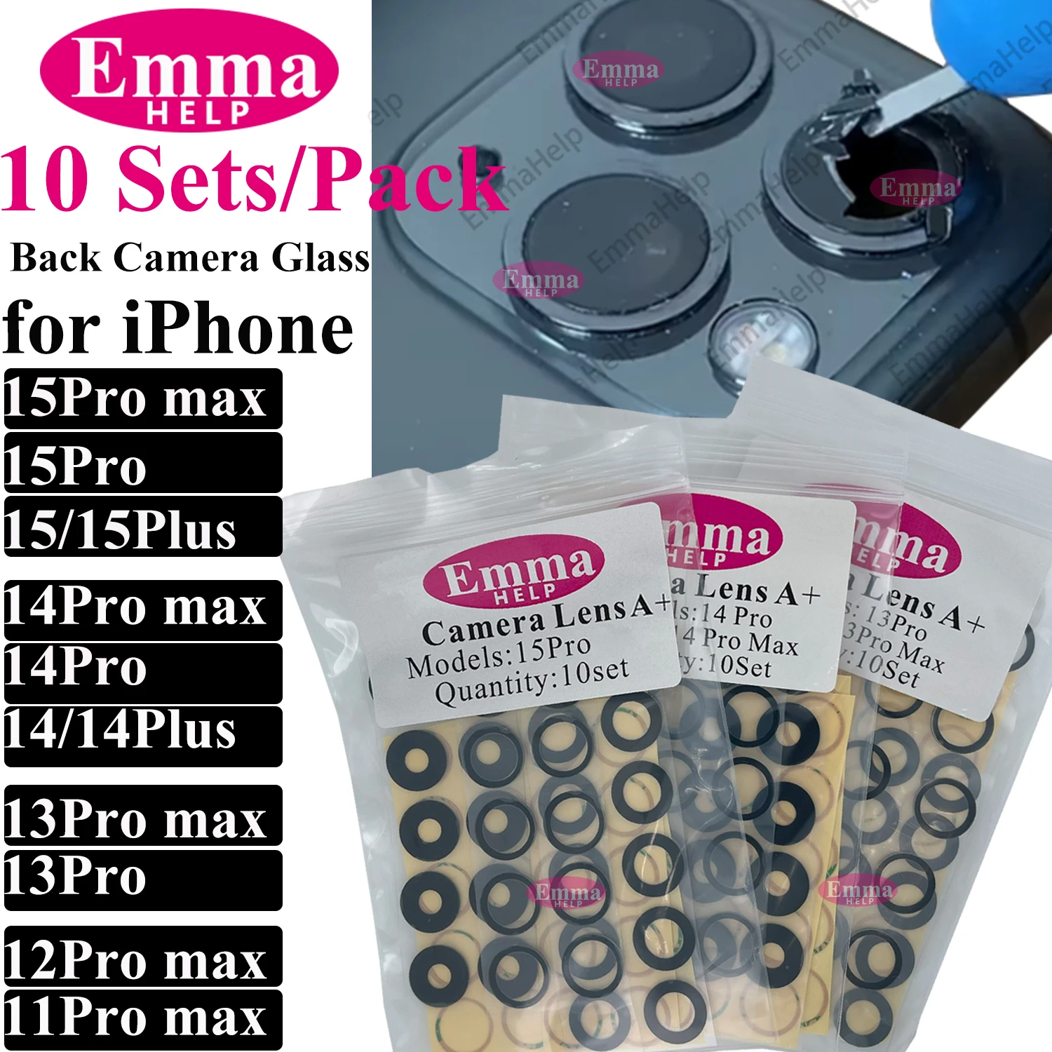 EmmaHelp 10 set/pacco vetro per fotocamera posteriore per iPhone 11 13 15 Pro Max 13MINI XS 14plus 12Pro obiettivo di copertura della camma posteriore + adesivo adesivo