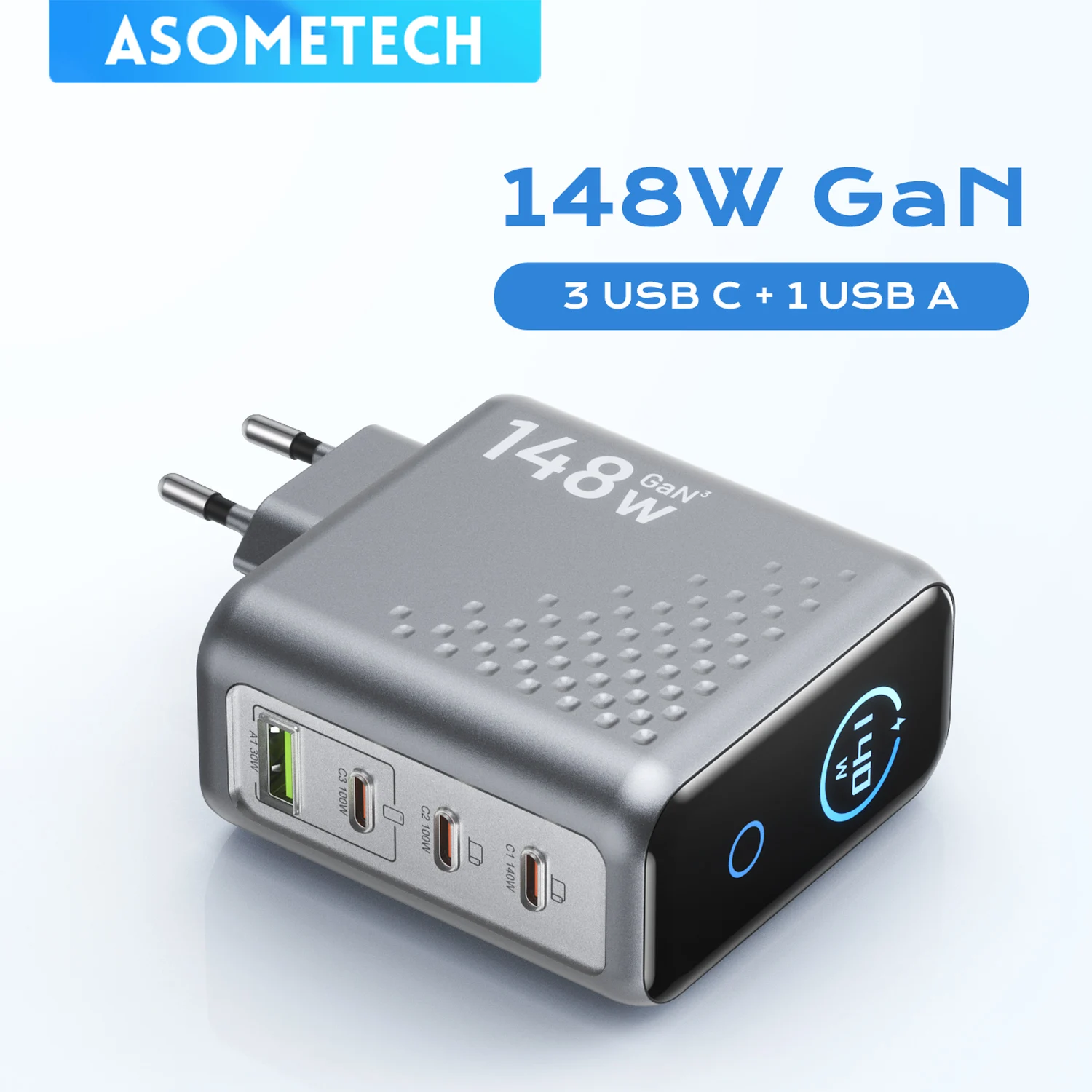 Cargador GaN de 148W con Pantalla Inteligente, Carga Rápida USB Tipo C PD3.1 de 140W para Macbook, Tablet, Samsung, iPhone 17, 16, Laptop y Teléfono
