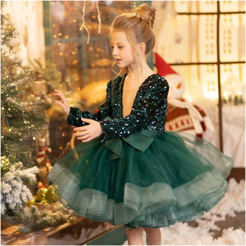 Red Flower Girl Dresses Puffy Sequin With Bow Knee Length Long Sleeve For Wedding Birthday Party Banquet Princess Gowns