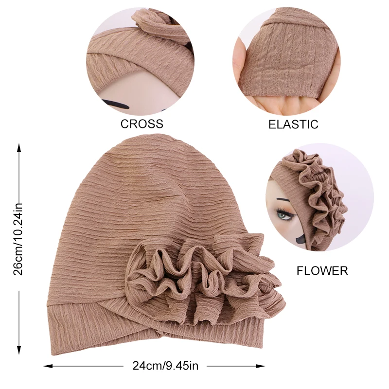 New Women Elegant 3D Ruffle Flower Turban Hat African Elastic Head Scarf Knot Pre-tied Beanies Chemo Cap For wedding Headwear