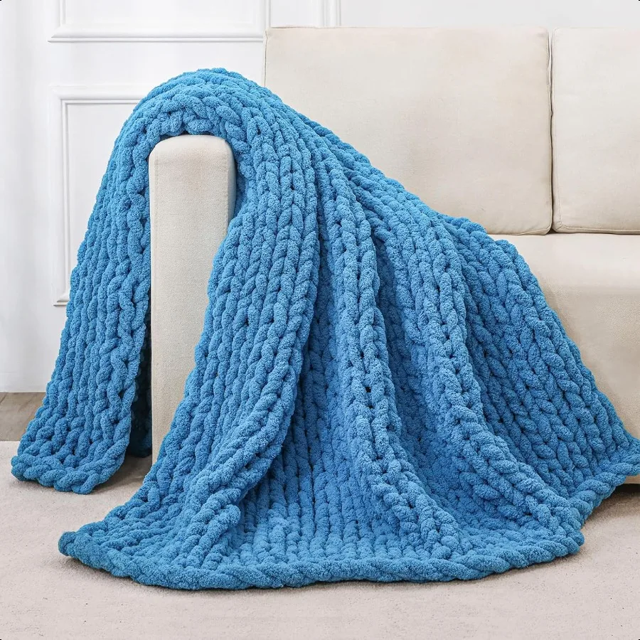 

Chunky Knit Throw Blanket for Couch 40x60 inches 100 Hand Knitted with Thick Jumbo Chenille Yarn Cozy Soft Large Rope Knot Cabl