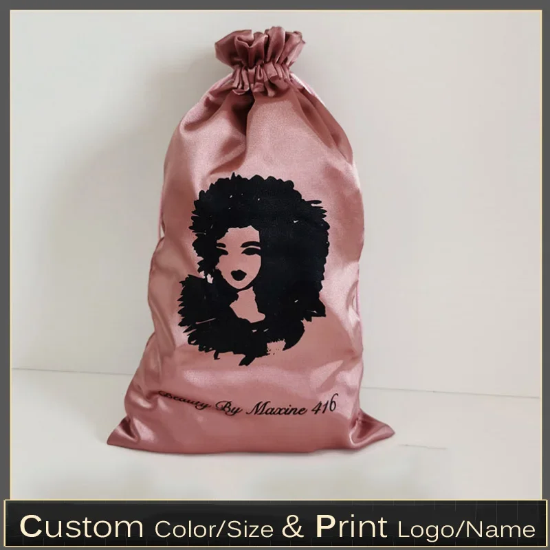 

50pcs 20x30cm Bean Paste Color Virgin Hair Package Bags Satin Extensions Wigs Bundels Silk Storage Drawstring Custom Logo Bag