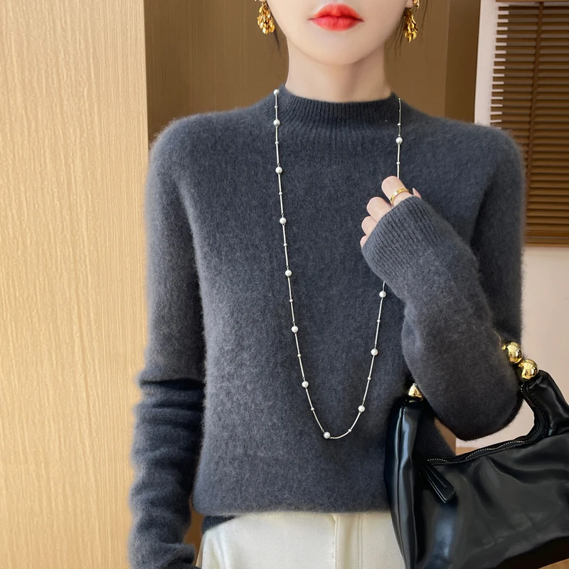 New Spring Autumn 100%Merino Wool Sweater Women Half high collar Long Sleeve Pullover Solid Color Knitwear Clothing Tops Fashion