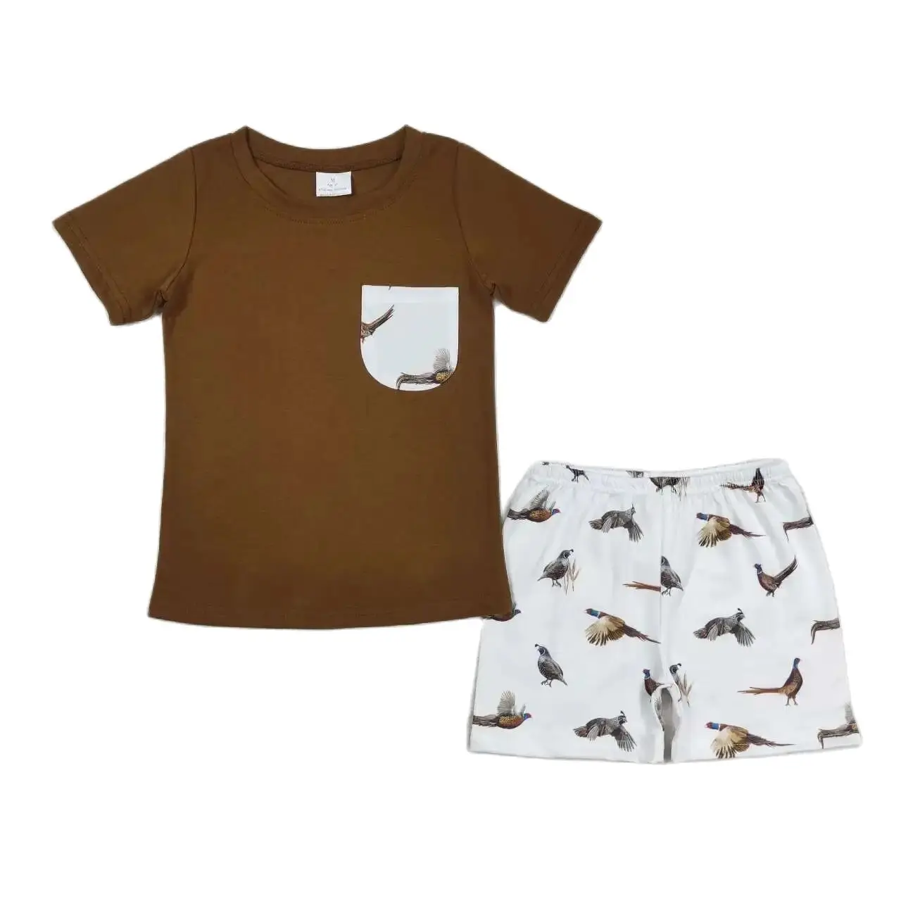 

BSSO0925 Kids Boys Summer Outfit Sets Short Sleeves Top Bird Flying White Pocket Brown Print With Shorts Children Clothes