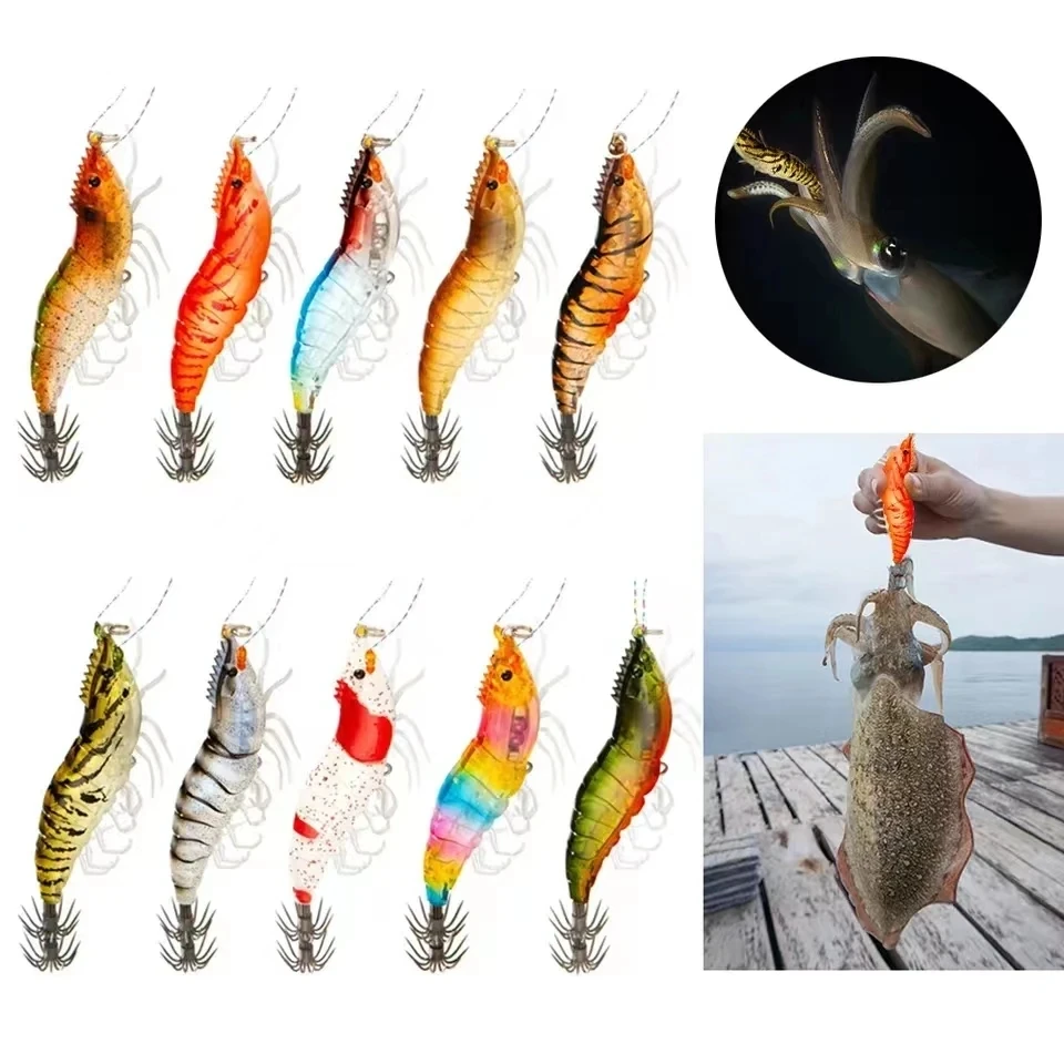 Horizontal Luminous Squid Jig Artificial Cuttlefish Wood Shrimp Fish Bait for Octopus Egi Lure Saltwater Calamar Hook Fish Goods