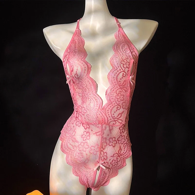 

New Deep V Pink Transparent Lace One Piece Women Corset Sexy Bra Lingerie Exotic Bodysuit Pajamas Open Bow Snug Fitting Clothing
