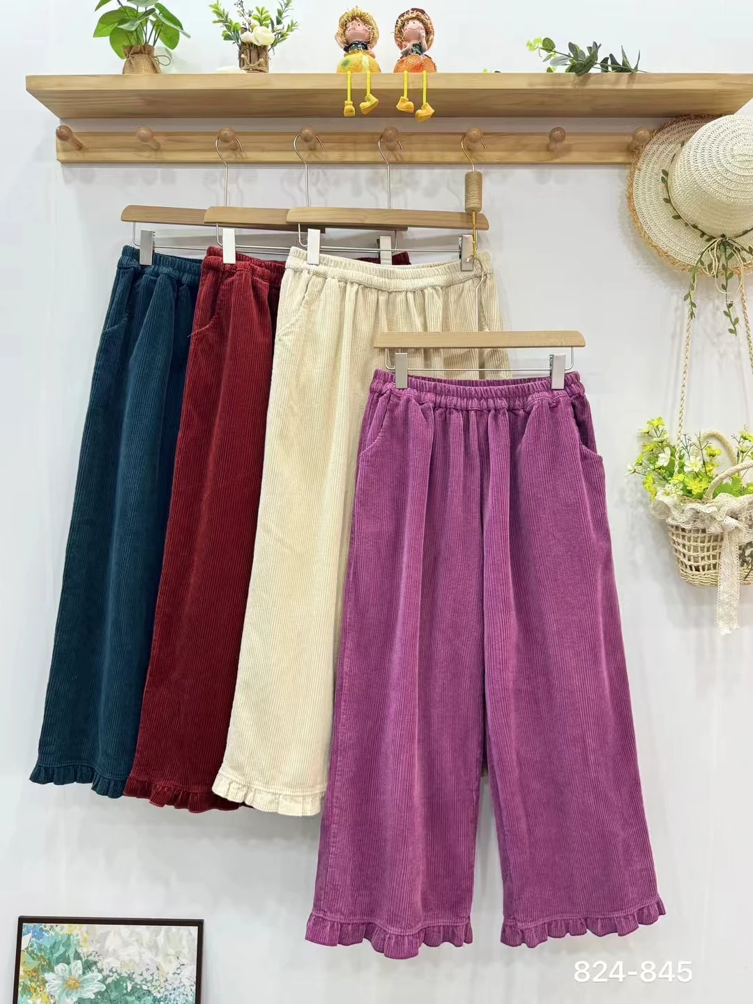 Autumn Winter Sweet Solid Color Corduroy Pants Women Elastic Waist Casual Pants