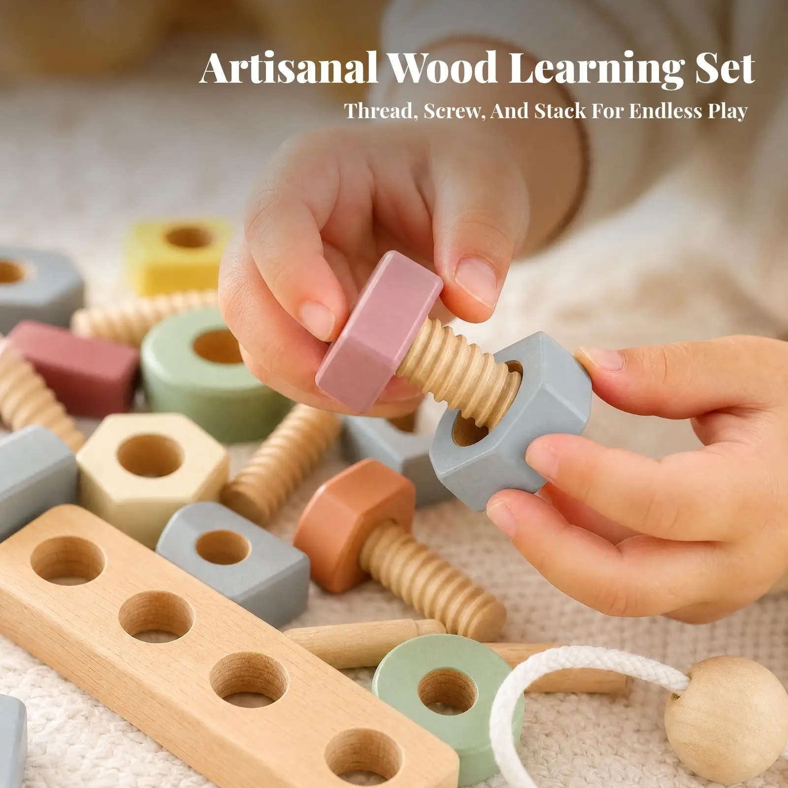 Wooden Nut and Bolt Threading Toy Solid Wood Wooden Lacing Toy with Geometric Shapes Pastel Colored Fine Motor Skills