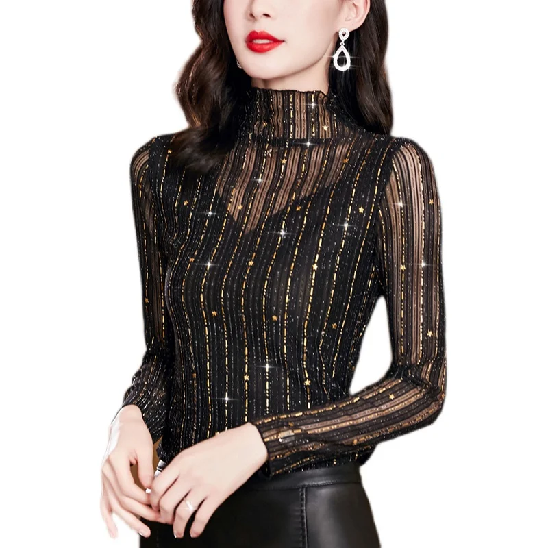 Spring Long Sleeved Turtleneck Mesh Tops Fashion Casual Striped Bright Silk Black Women\'s T-Shirt M-3XL Clothes