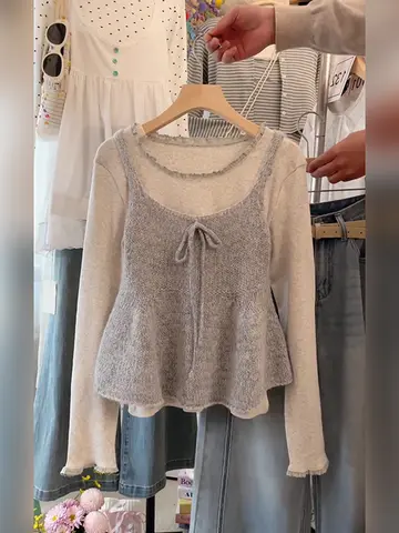 미국식 레트로 벨트 밴드 조끼 여성용 봄 가을 고급스러움 작은 고요한 카인 샌드위치 니트 여성용 벨트 밴드 조끼 벨트 조끼