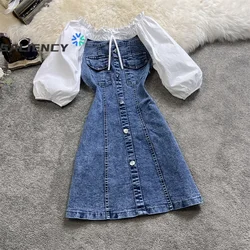Women's One-Line Neck Puff Sleeve Shirt Splicing Denim Skirt Korean Fashion Summer High Waist Single Breasted Dress Streetwear