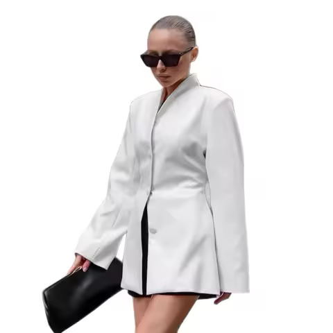 Stylish White Autumn Women Suit Jacket Stand Collar Single Breasted Waist-cinching Female Coat Slim Fit Minimalist Top For Lady