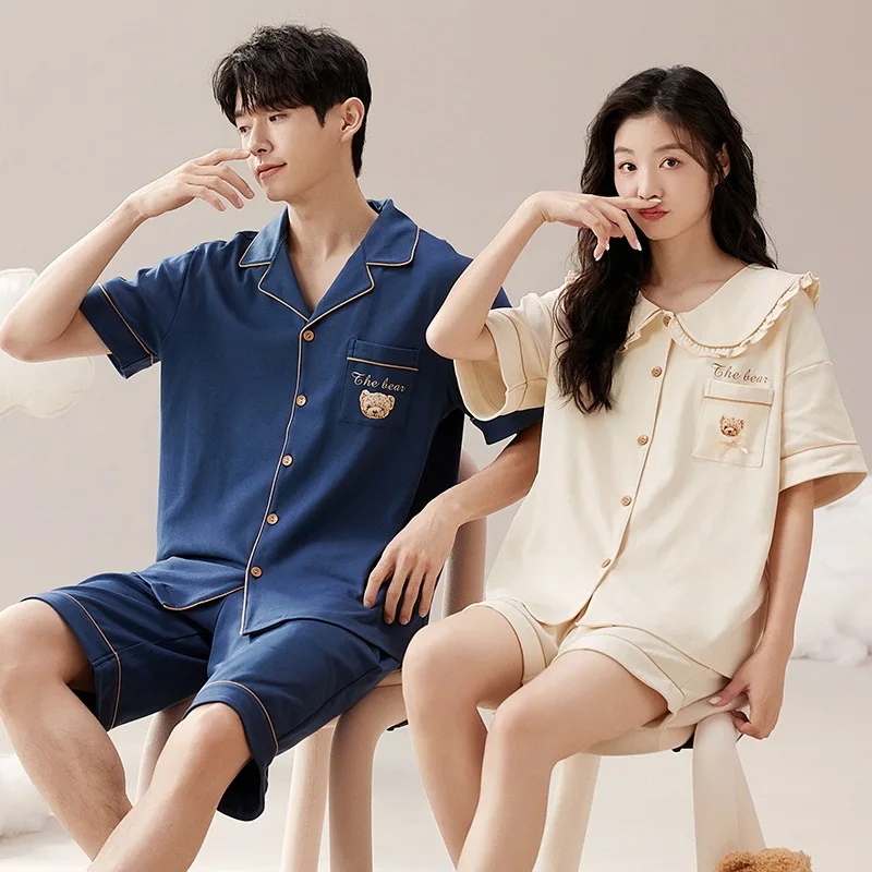 Korean Pajama Suit Cotton Pyjamas Sets Couple Sleepwear Casual Family Pijama Lover Night Suit Men & Women Plus Size Pj Set