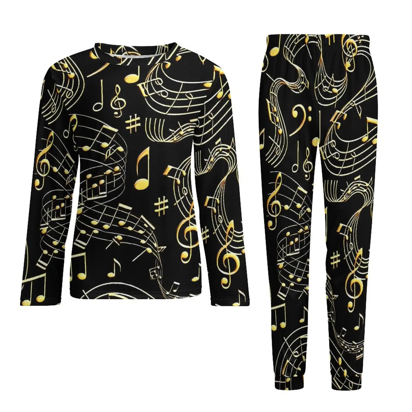 Gold Music Note Print Pajamas Long-Sleeve  Two Piece Casual Pajamas Set Autumn Male Custom Retro Oversized Sleepwear