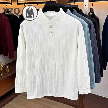 Outdoor Leisure Henley Top For Men Long Sleeve Mandarin Neck Two Button Placket Vertical Textured Surface Fabric