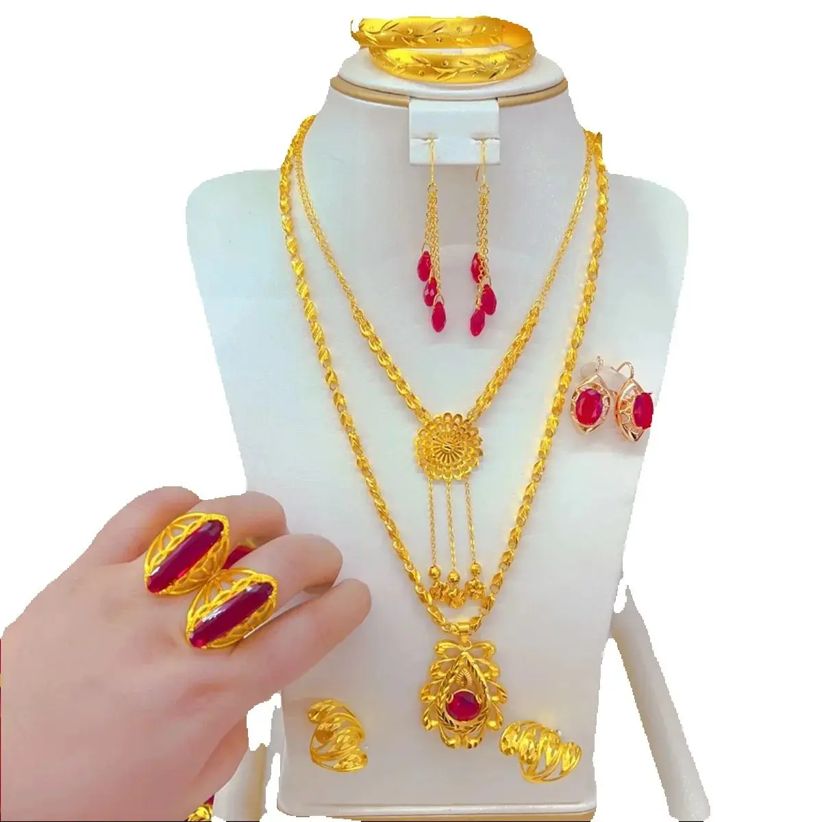 New European Dubai Fashion 24K Gold Plated Necklace Earrings Rings Bracelets Exquisite Engagement Party Jewelry Set for Lovers - view 4