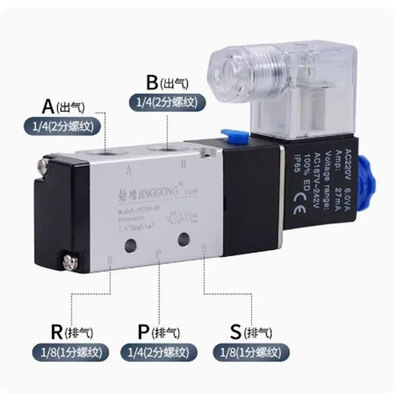 4V110 4V210 4V310 4V410 Pneumatic Electric Solenoid Valve 5 Way 2 Position Control Air Gas Magnetic 4V210-08 12V 24V 220V