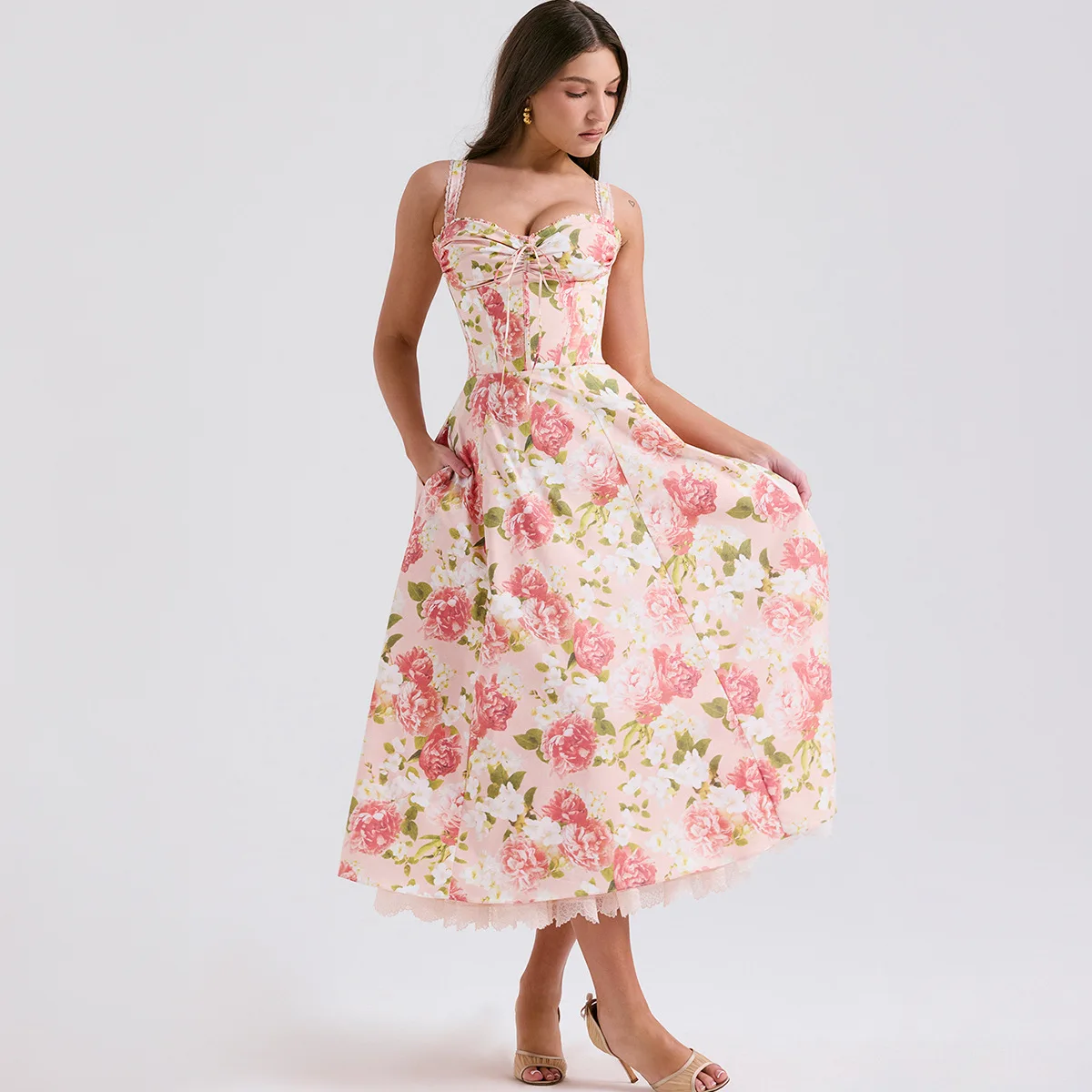 Midi Sundress Pink Floral Corset Dress Wide Strap Backless Trendy Brunch Party Midi Summer Holiday Dress Robe Ete Femme 2024